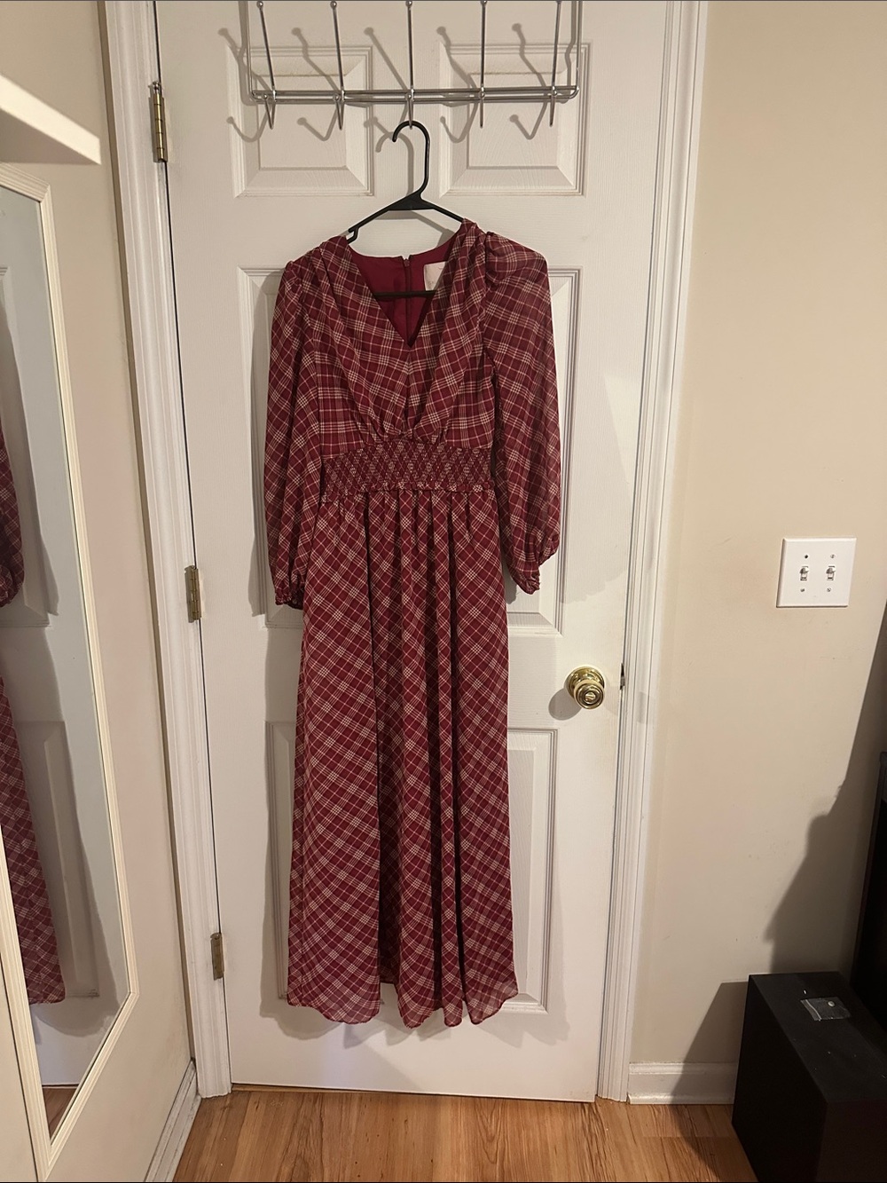 Gal Meets Glam Red Plaid Long Sleeve Maxi Dress
